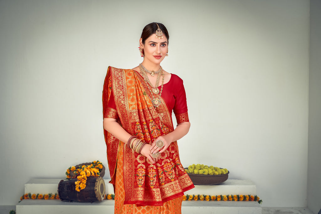 Fantastic Orange Banarasi Silk Wedding Wear Saree ClothsVilla