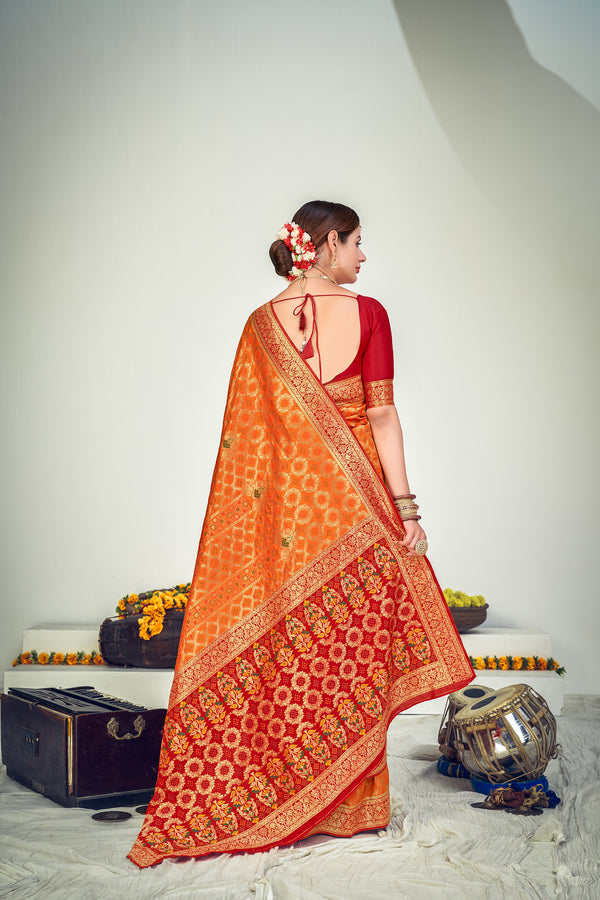 Fantastic Orange Banarasi Silk Wedding Wear Saree ClothsVilla
