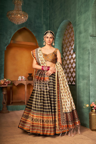 Art Silk Mehendi Sangeet Lehenga In Beige And Brown With Digital Print Work ClothsVilla