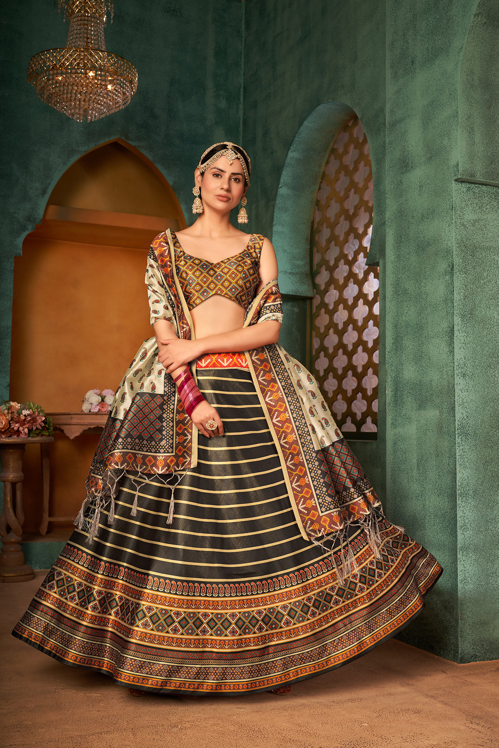 Art Silk Mehendi Sangeet Lehenga In Beige And Brown With Digital Print Work ClothsVilla