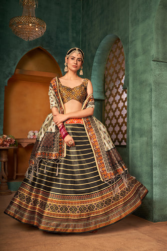 Art Silk Mehendi Sangeet Lehenga In Beige And Brown With Digital Print Work ClothsVilla