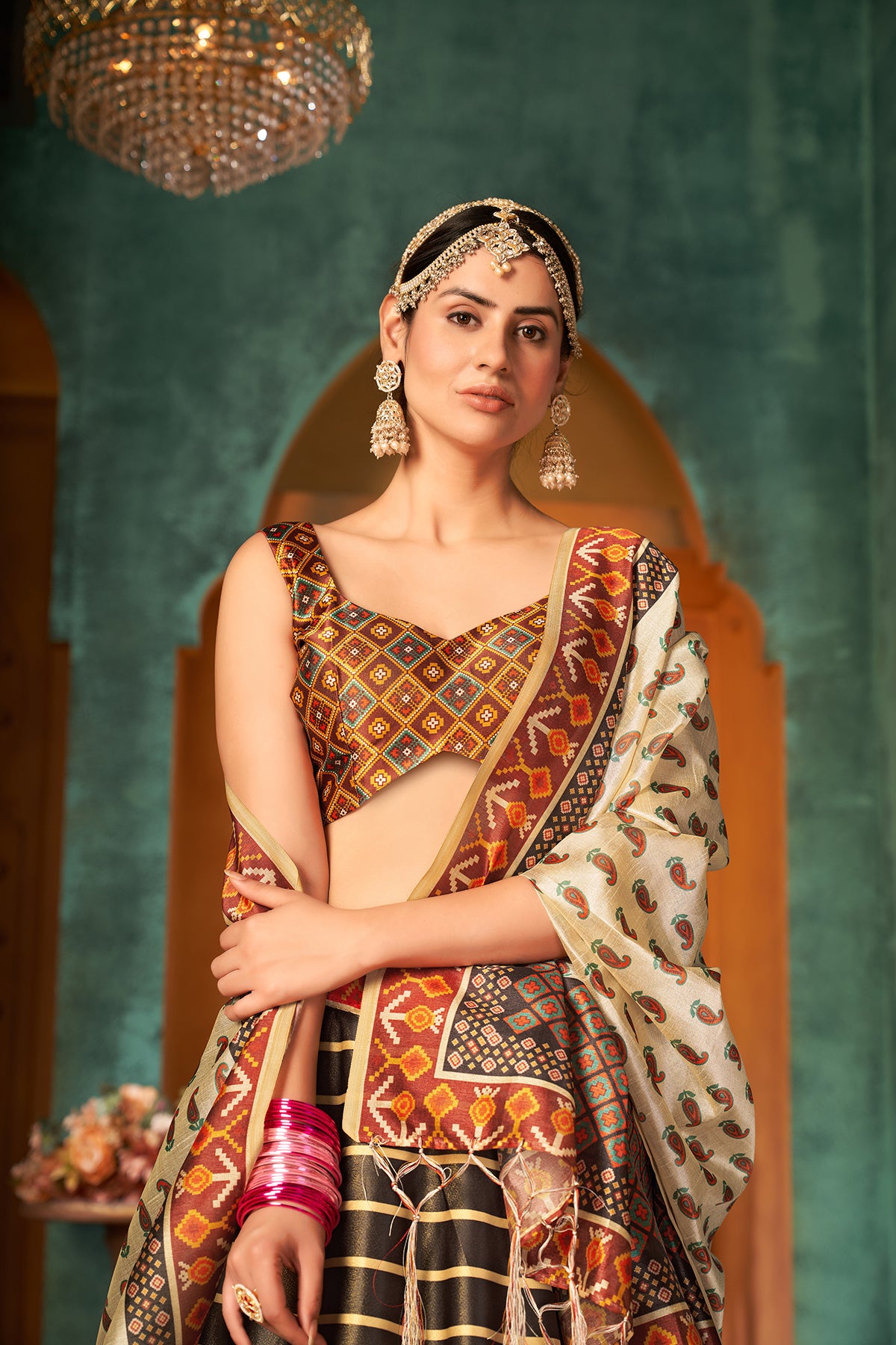Art Silk Mehendi Sangeet Lehenga In Beige And Brown With Digital Print Work ClothsVilla