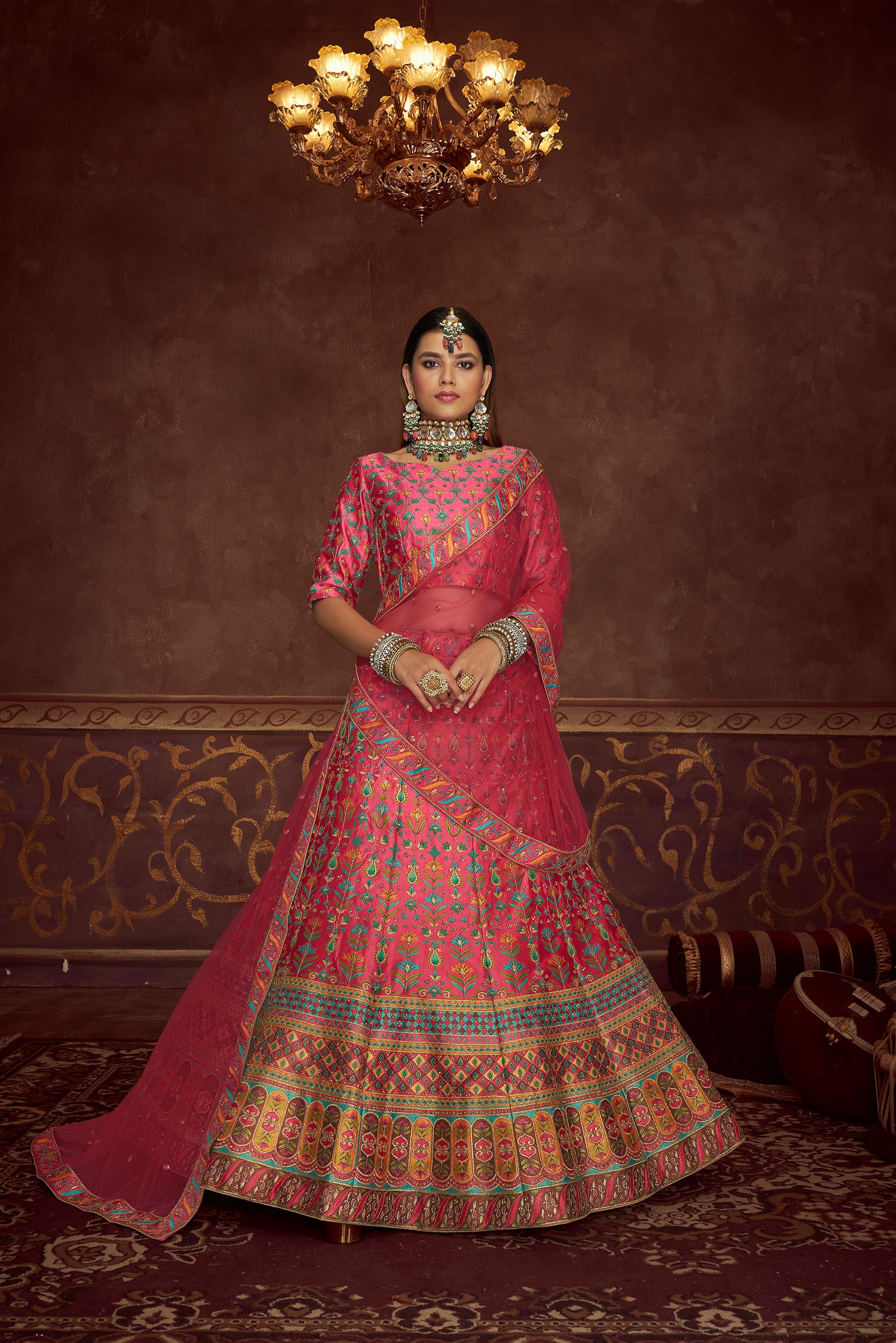Art Silk Printed Pink Wedding Lehenga Choli With Dupatta ClothsVilla Main image