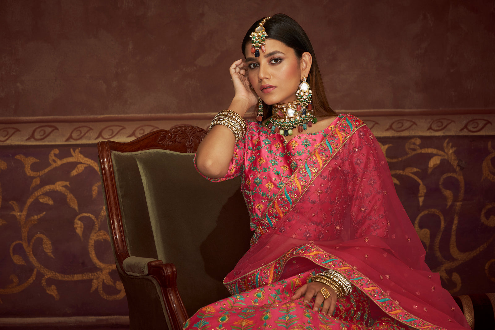Art Silk Printed Pink Wedding Lehenga Choli With Dupatta ClothsVilla