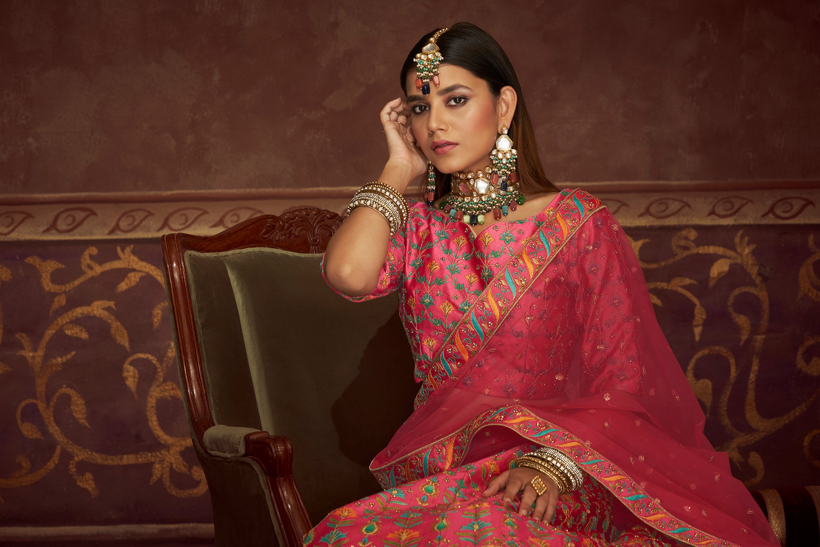 Art Silk Printed Pink Wedding Lehenga Choli With Dupatta ClothsVilla