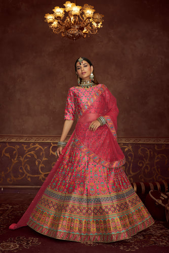 Art Silk Printed Pink Wedding Lehenga Choli With Dupatta ClothsVilla
