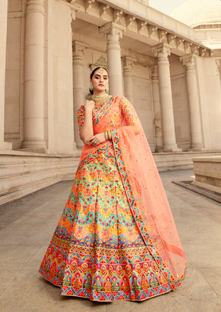 Art Silk Wedding Sangeet Haldi Lehenga Choli In Multicolor With Swarovski Work ClothsVilla
