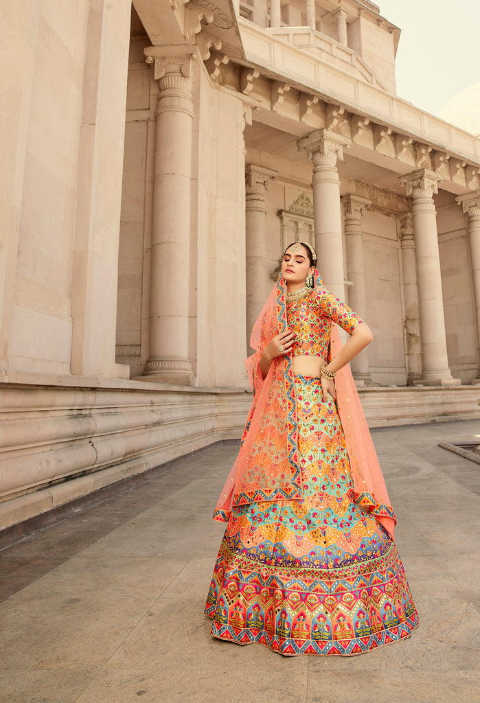 Art Silk Wedding Sangeet Haldi Lehenga Choli In Multicolor With Swarovski Work ClothsVilla