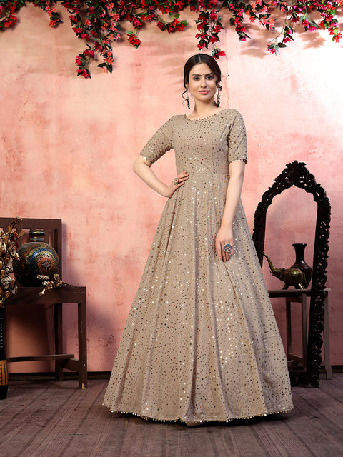 Astonishing Beige Color Georgette Base Fancy Sequins Work Gown ClothsVilla Main image