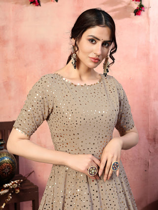Astonishing Beige Color Georgette Base Fancy Sequins Work Gown ClothsVilla