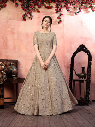 Astonishing Beige Color Georgette Base Fancy Sequins Work Gown ClothsVilla