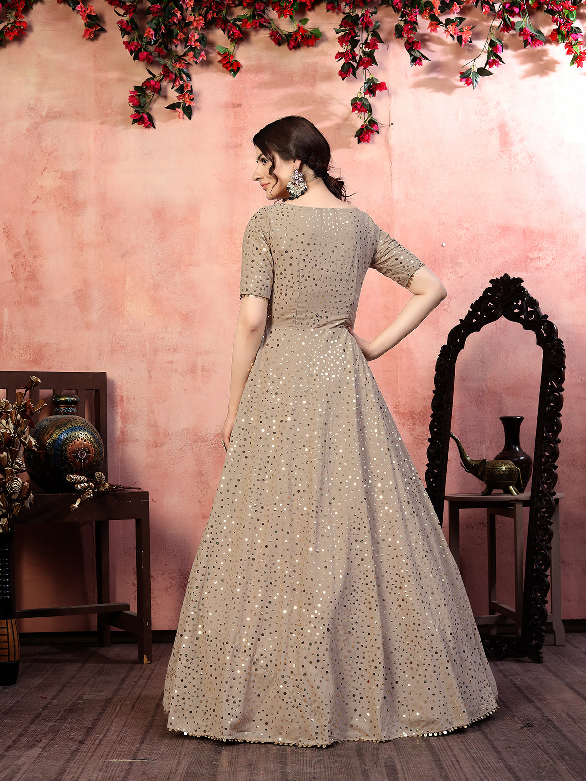 Astonishing Beige Color Georgette Base Fancy Sequins Work Gown ClothsVilla
