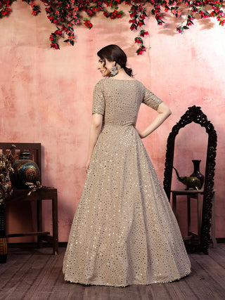 Astonishing Beige Color Georgette Base Fancy Sequins Work Gown ClothsVilla