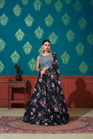 Astounding Black-Grey Digital Printed Silk Party Wear Lehenga Choli ClothsVilla