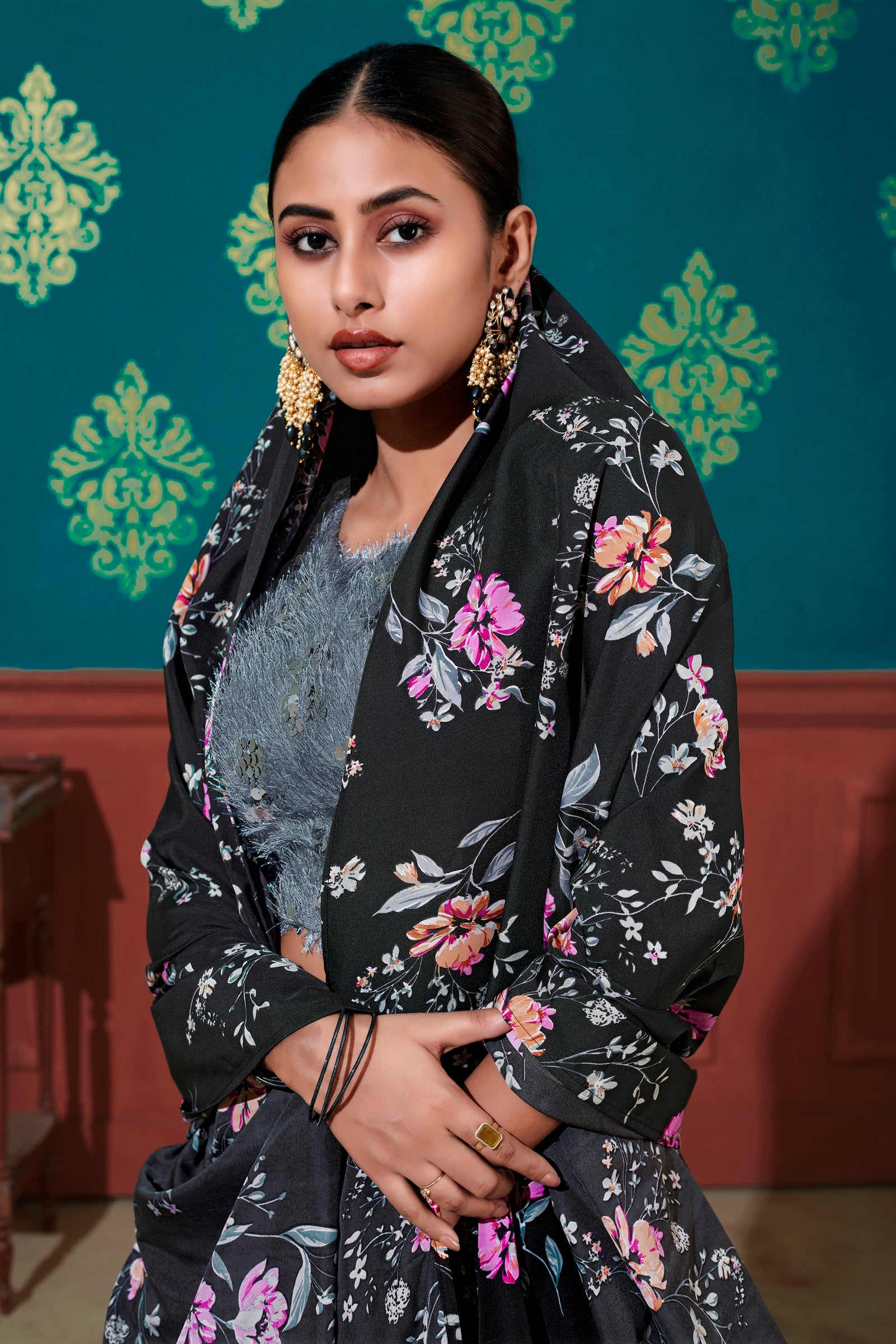 Astounding Black-Grey Digital Printed Silk Party Wear Lehenga Choli ClothsVilla