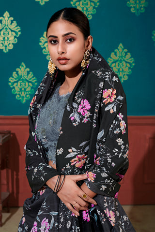 Astounding Black-Grey Digital Printed Silk Party Wear Lehenga Choli ClothsVilla
