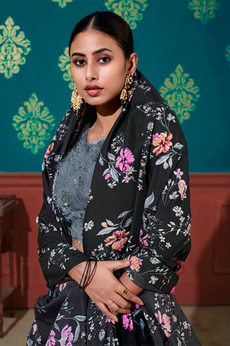 Astounding Black-Grey Digital Printed Silk Party Wear Lehenga Choli ClothsVilla