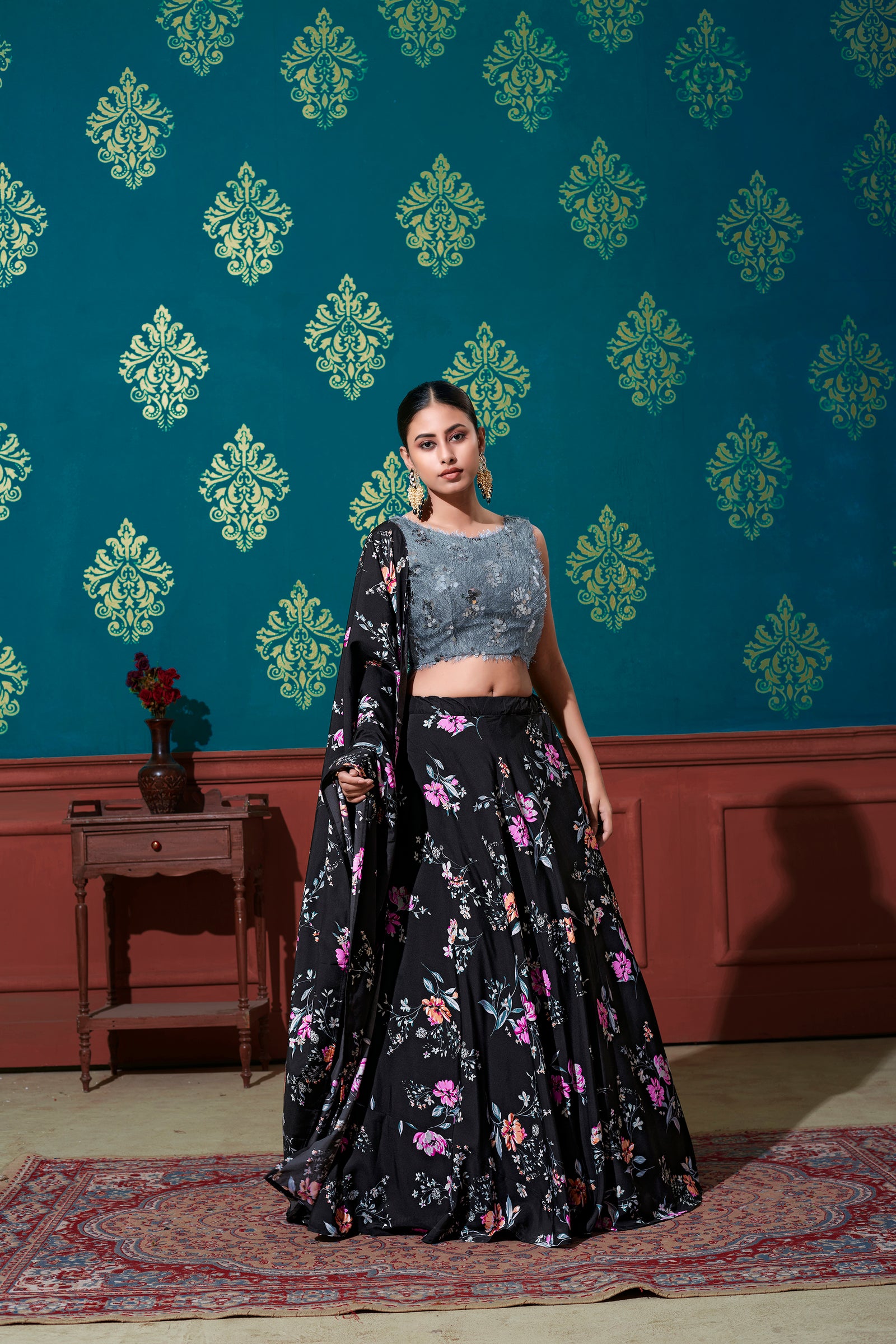 Astounding Black-Grey Digital Printed Silk Party Wear Lehenga Choli ClothsVilla