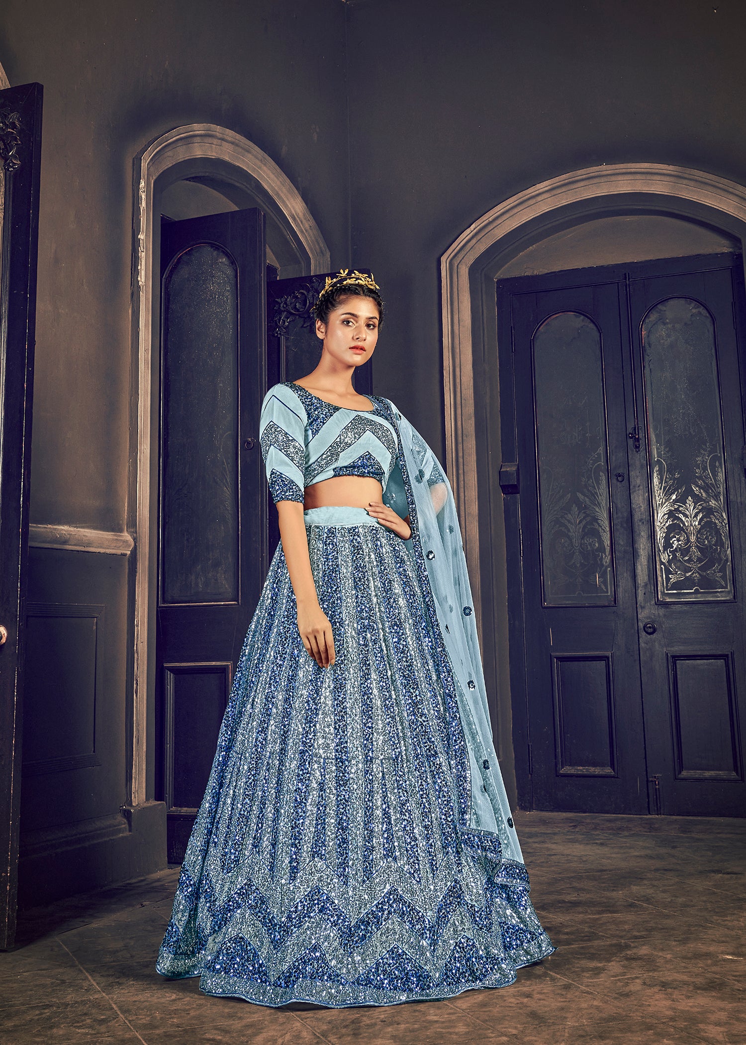 Attractive Grey Sequins Embroidered Net Semi Stitched Party Lehenga ClothsVilla