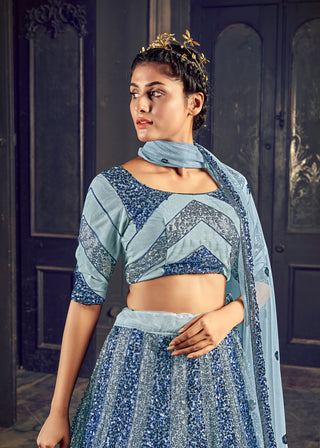 Attractive Grey Sequins Embroidered Net Semi Stitched Party Lehenga ClothsVilla