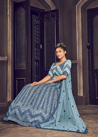 Attractive Grey Sequins Embroidered Net Semi Stitched Party Lehenga ClothsVilla