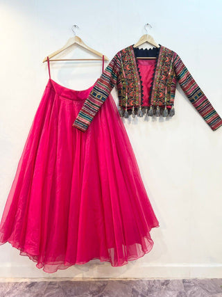 Attractive Pink Color Organza Lehenga Choli With Multicolor Georgette Koti Clothsvilla