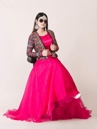 Attractive Pink Color Organza Lehenga Choli With Multicolor Georgette Koti Clothsvilla