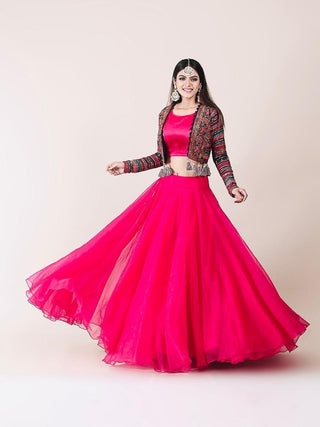 Attractive Pink Color Organza Lehenga Choli With Multicolor Georgette Koti Clothsvilla