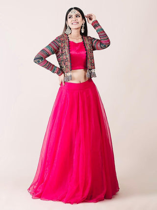 Attractive Pink Color Organza Lehenga Choli With Multicolor Georgette Koti Clothsvilla