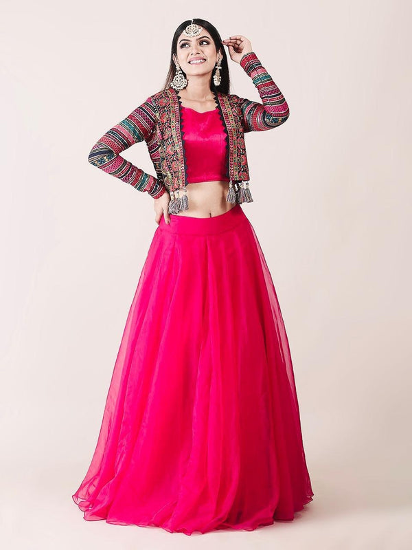 Attractive Pink Color Organza Lehenga Choli With Multicolor Georgette Koti Clothsvilla