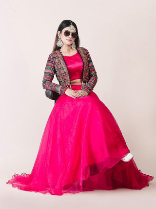 Attractive Pink Color Organza Lehenga Choli With Multicolor Georgette Koti Clothsvilla