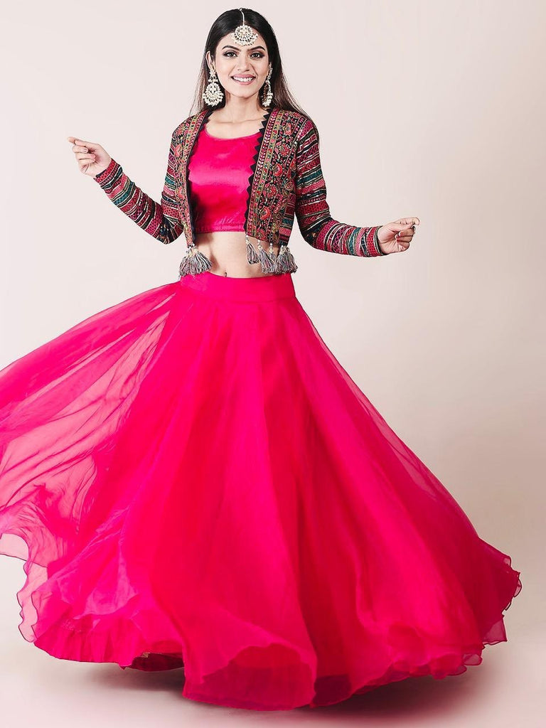 Attractive Pink Color Organza Lehenga Choli With Multicolor Georgette Koti Clothsvilla