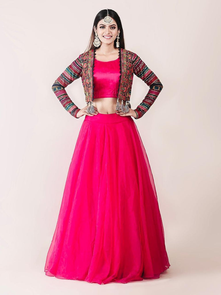 Attractive Pink Color Organza Lehenga Choli With Multicolor Georgette Koti Clothsvilla