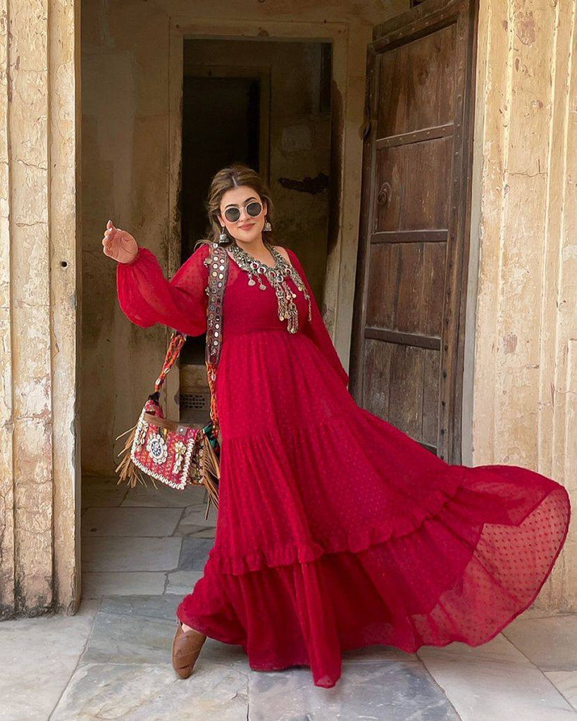 Attractive Red Color Balloon Sleeve Design Georgette Gown Clothsvilla