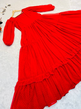Attractive Red Color Balloon Sleeve Design Georgette Gown Clothsvilla