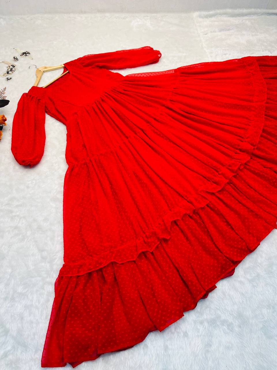 Attractive Red Color Balloon Sleeve Design Georgette Gown Clothsvilla