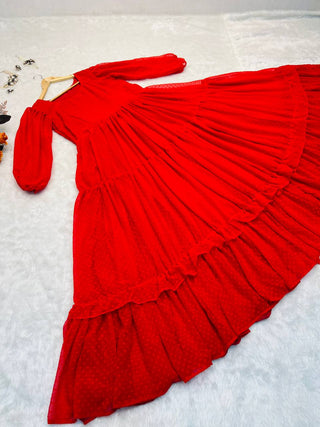 Attractive Red Color Balloon Sleeve Design Georgette Gown Clothsvilla