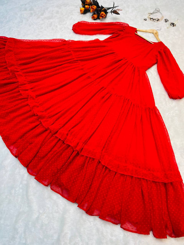 Attractive Red Color Balloon Sleeve Design Georgette Gown Clothsvilla