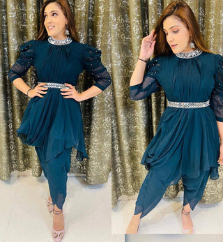 Attractive Teal Blue Georgette Real Mirror Work Dhoti Suit Clothsvilla