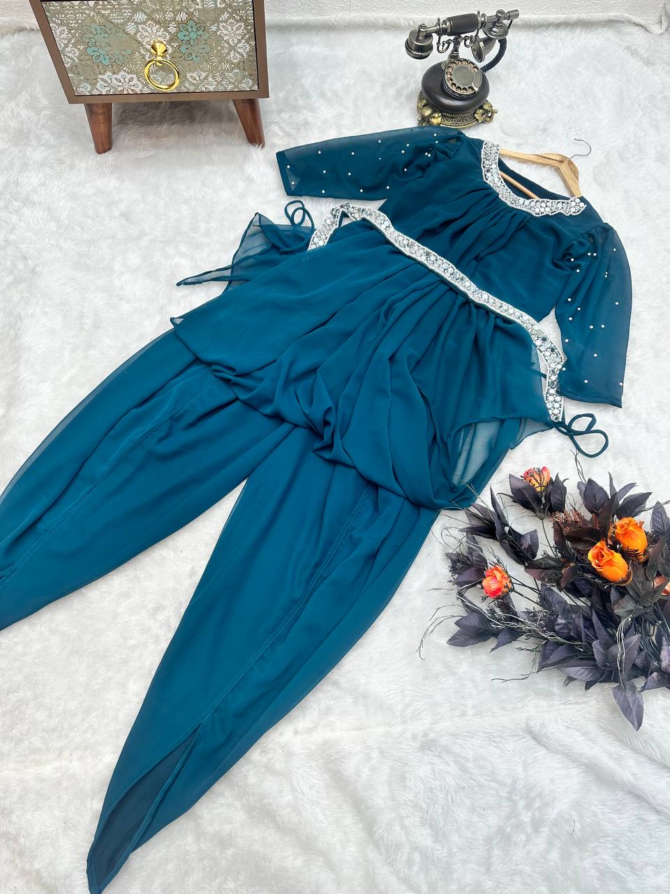 Attractive Teal Blue Georgette Real Mirror Work Dhoti Suit Clothsvilla