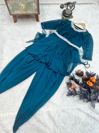 Attractive Teal Blue Georgette Real Mirror Work Dhoti Suit Clothsvilla