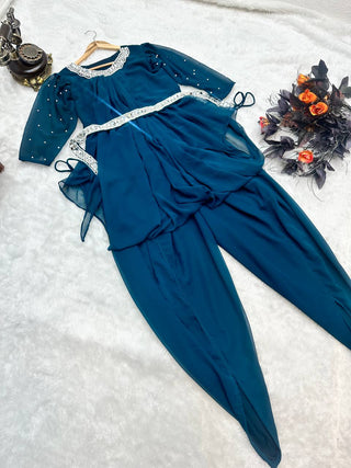 Attractive Teal Blue Georgette Real Mirror Work Dhoti Suit Clothsvilla