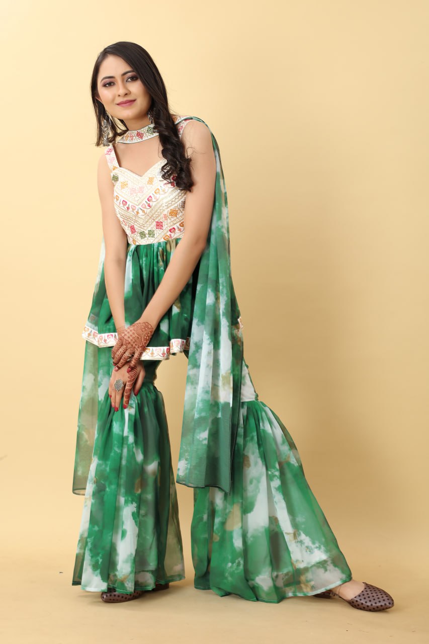Awesome Green Color Tie Dye Thread Sequence Work Sharara Suit Clothsvilla