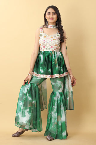 Awesome Green Color Tie Dye Thread Sequence Work Sharara Suit Clothsvilla