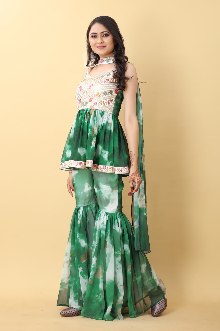 Awesome Green Color Tie Dye Thread Sequence Work Sharara Suit Clothsvilla