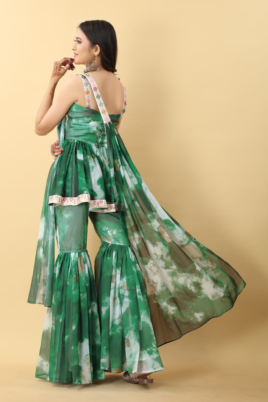 Awesome Green Color Tie Dye Thread Sequence Work Sharara Suit Clothsvilla