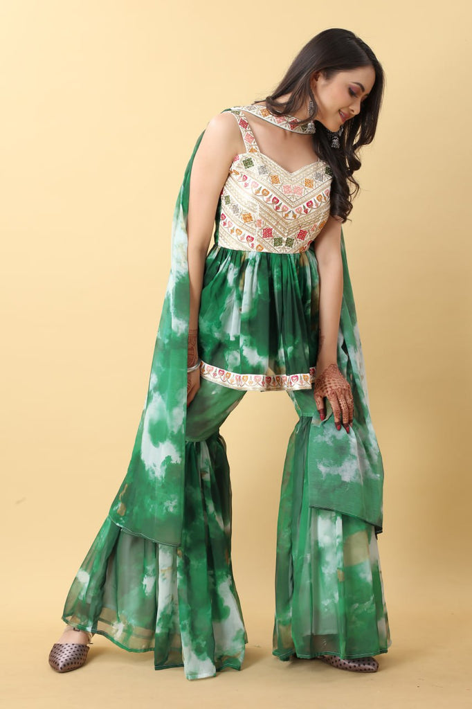 Awesome Green Color Tie Dye Thread Sequence Work Sharara Suit Clothsvilla