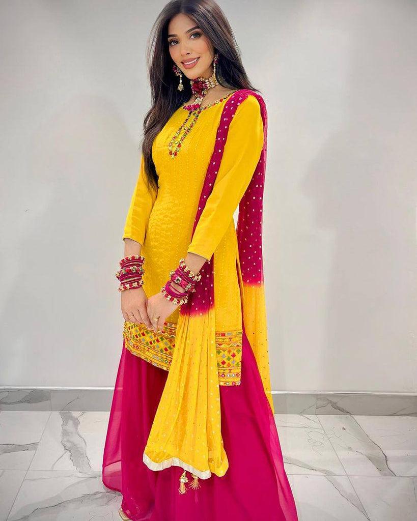Fabindia – Yellow suit with hot pink silk dupatta – Meherchand market  wedding shopping guide – Shinjini Amitabh Chawla