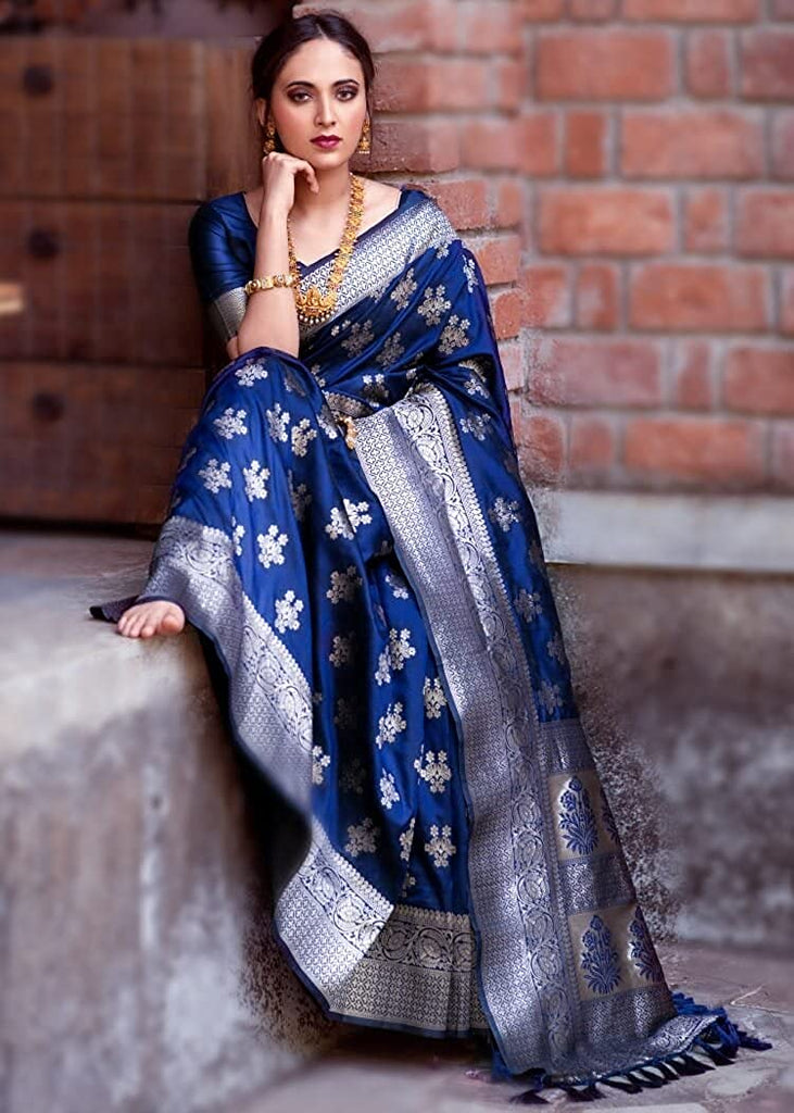 Marvelous Navy Blue Pure Banarasi Silk Saree with Magnetic Blouse Piece Bvipul