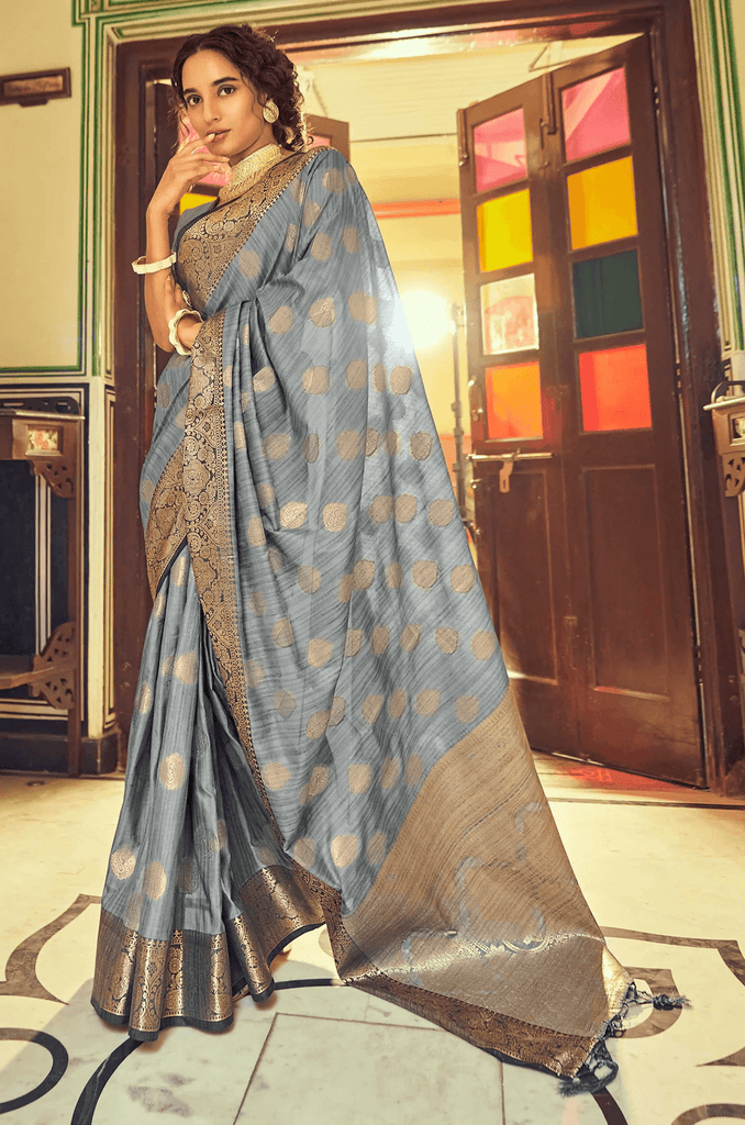 Improbable Grey Soft Banarasi Silk Saree With Stunning Blouse Piece Bvipul